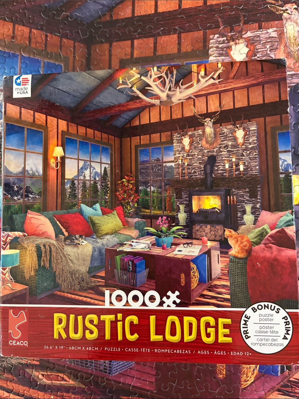 🧩 1000pc Ceaco “Rustic Lodge” Cozy Cabin Scene with poster. Complete.
